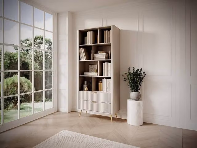 Vente-unique MDF Bookcase with 2 Drawers and 8 Recesses in Beige and Gold