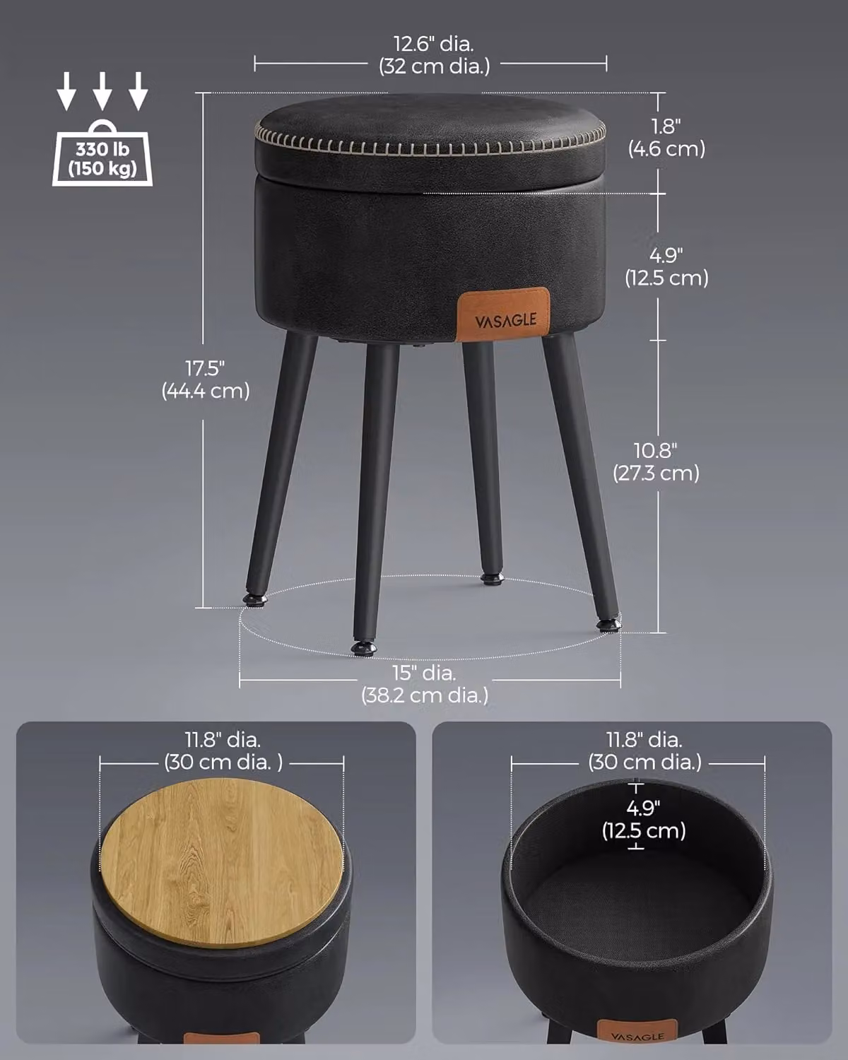 VASAGLE Round Storage Ottoman Dressing Stool in Black Synthetic Leather with Metal Legs – 2