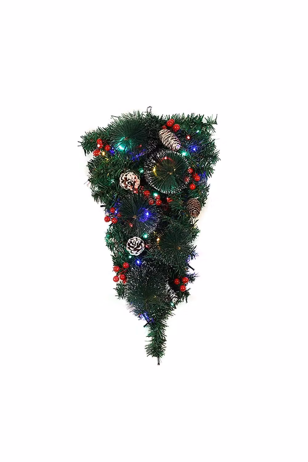 Living and Home 60cm Artificial Christmas Teardrop Hanging Pendant with Red Berries, Frosted Pine Cones and Colourful String Lights in Red and Green – 5