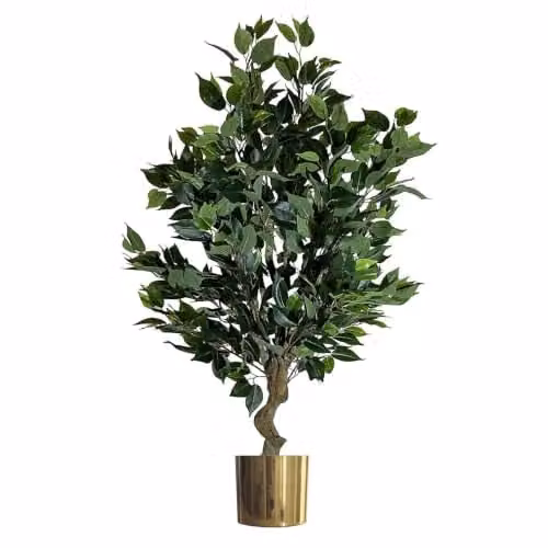 Leaf Realistic Artificial Ficus Tree with Gold Planter in Green, Height: 100 cm – 1