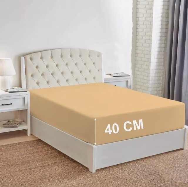 Homes-Linen Super King 180 Thread Count Non Iron Extra Deep Fitted Sheet in Beige, W/D/H: 200 x 200 x 40 cm