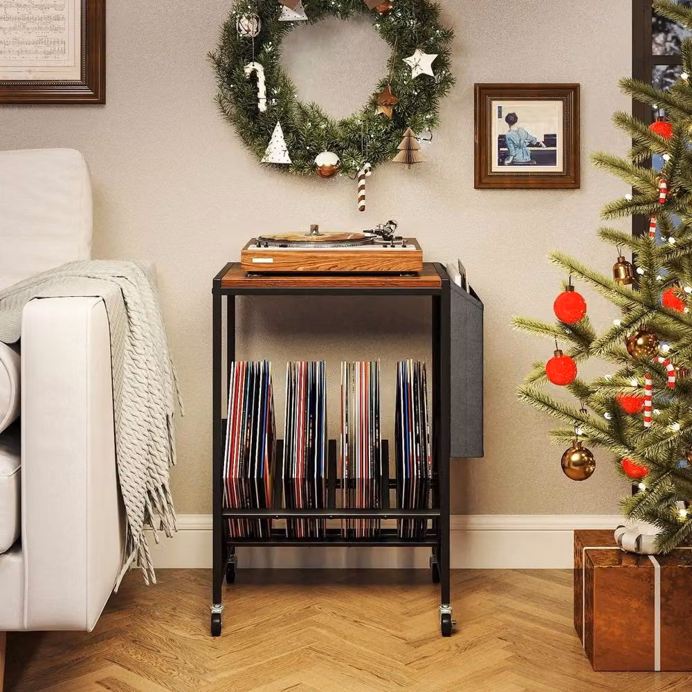 EONLION Brown Rolling Record Player Stand with Media Compartments, W: 100 cm x D: 64 cm x H: 100 cm – 3