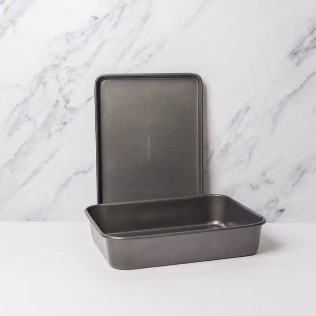 MasterClass Non-Stick Roasting Pan and Baking Tray Set, Grey, W/D/H: 34 x 26 x 7 cm and 35 x 25 x 2 cm