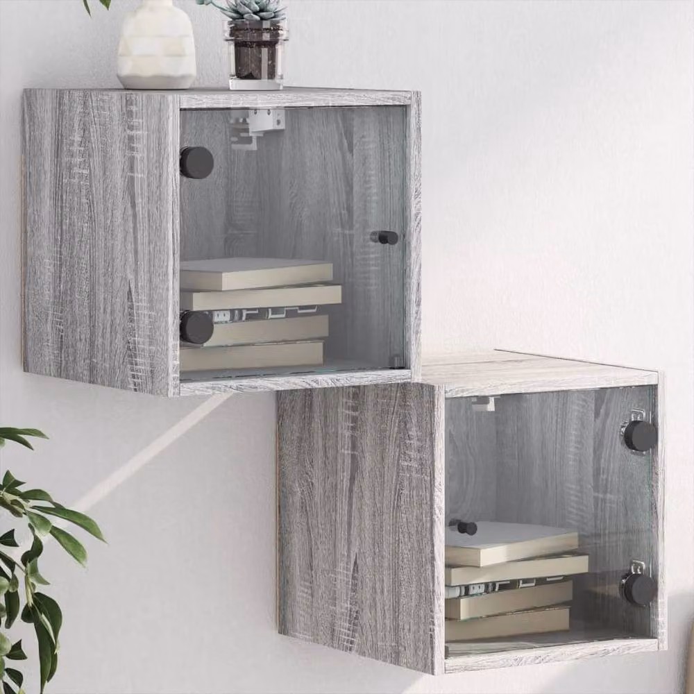Berkfield Home Bedside Cabinets with Glass Doors, 2 Pack, Grey Sonoma, W/D/H: 35 x 37 x 35 cm – 2