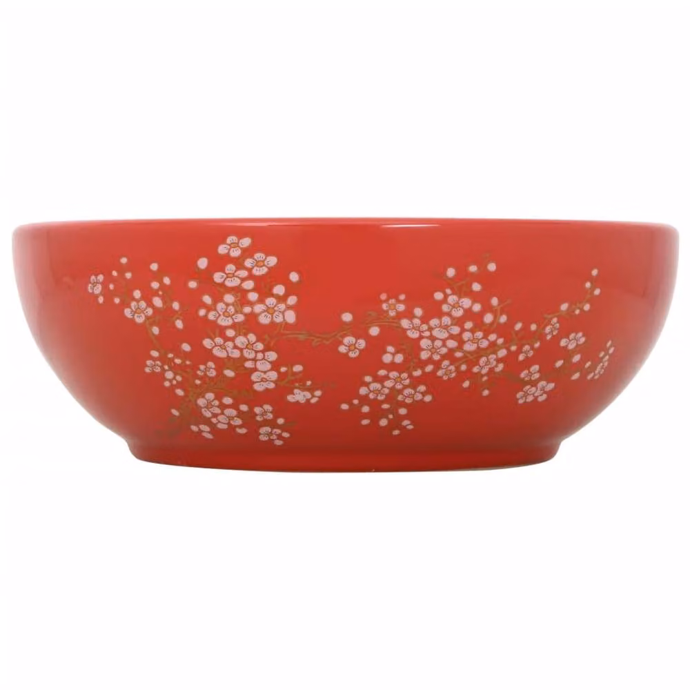 Berkfield Home Round Ceramic Countertop Basin in White and Red, W: 41 cm, H: 14 cm – 2