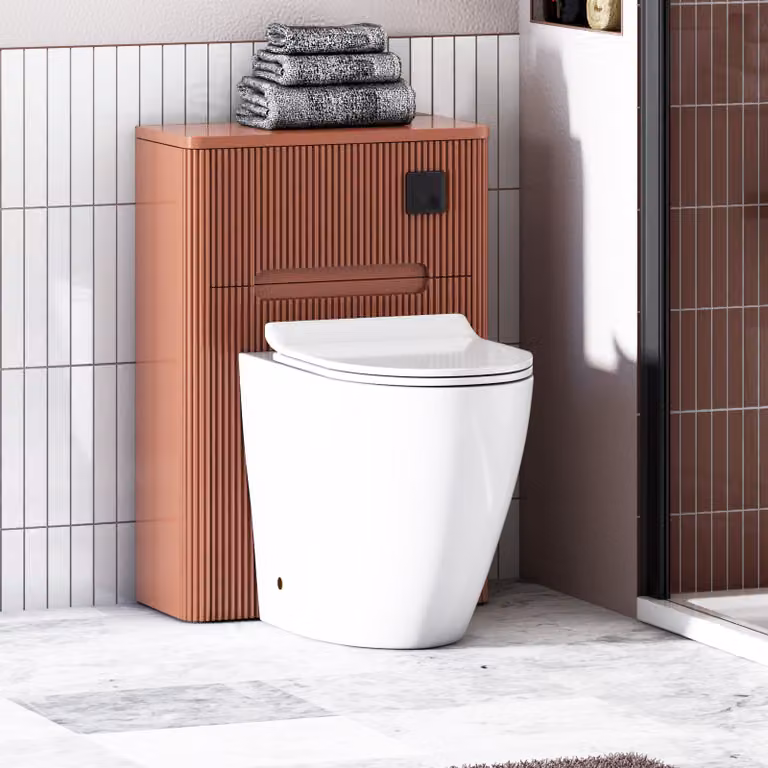 Avenza Terracotta Clay BTW WC Unit with Elva Rimless Short Projection Toilet Pan, Slim Seat and Cistern, Width: 55 cm