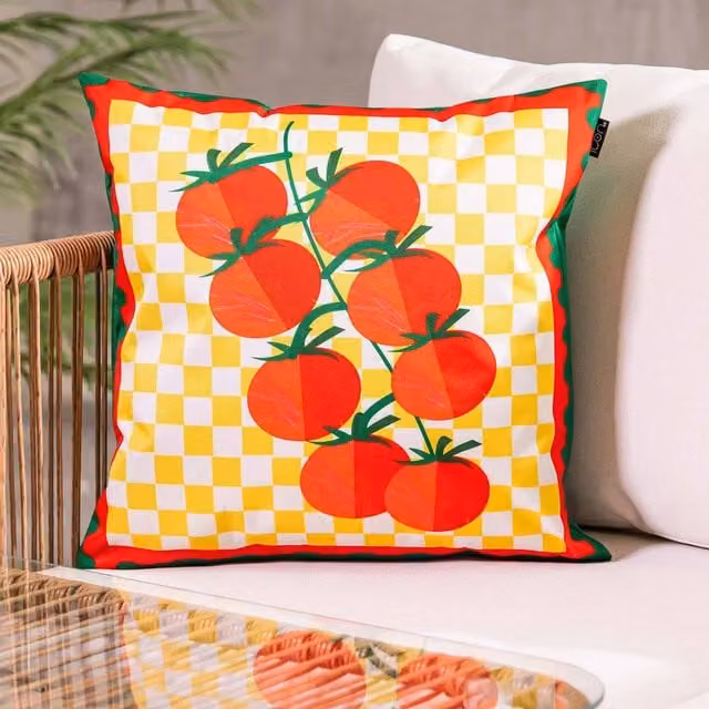 icon Square Tomato Print Cushion in Yellow, W/D/H: 43 x 43 x 43 cm