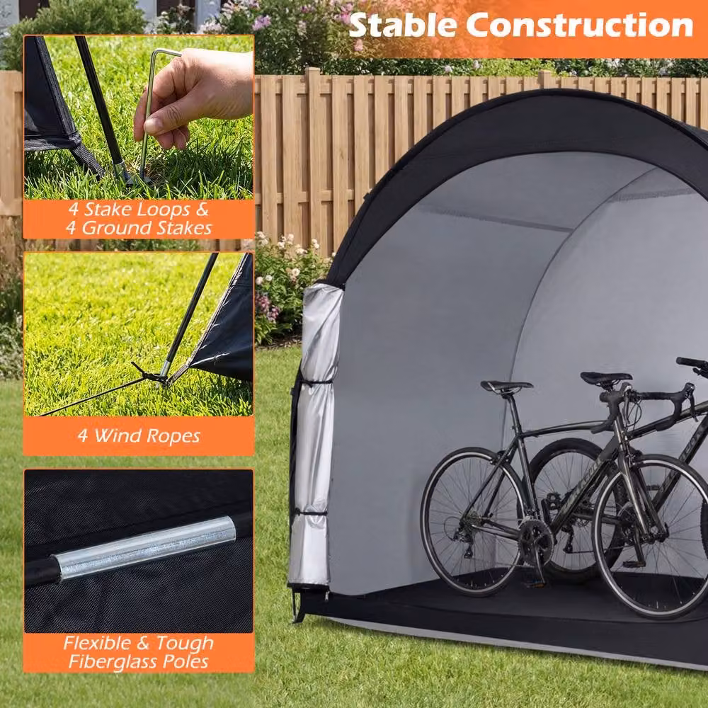 Costway Portable Bicycle Storage Tent with Floor Mat and Zippered Door in Black and Silver, W/D/H: 171 x 123 x 123 cm – 4