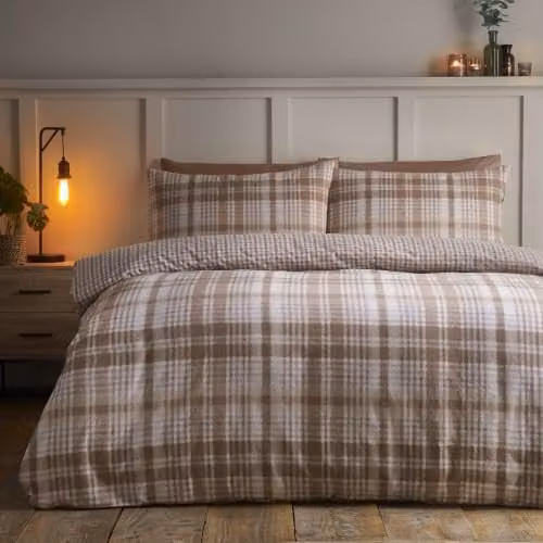 Catherine Lansfield Hamish Check Brushed Flannelette King Duvet Cover Set in Natural/Beige