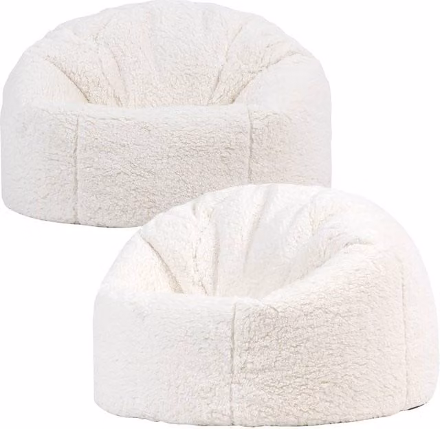 icon 2 Pack Kingston Teddy Berber Fleece Classic Dome Bean Bags for Kids in Natural Beige and White