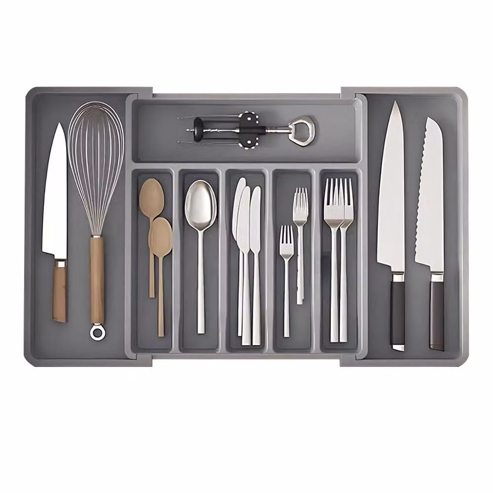 EONLION Grey Plastic Extendable Cutlery Drawer Organiser and Utensil Tray – 3