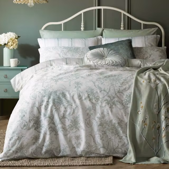 Laura Ashley Tuileries Cotton Duvet Cover and Pillowcase Set in Sage Green Striped Vintage Design