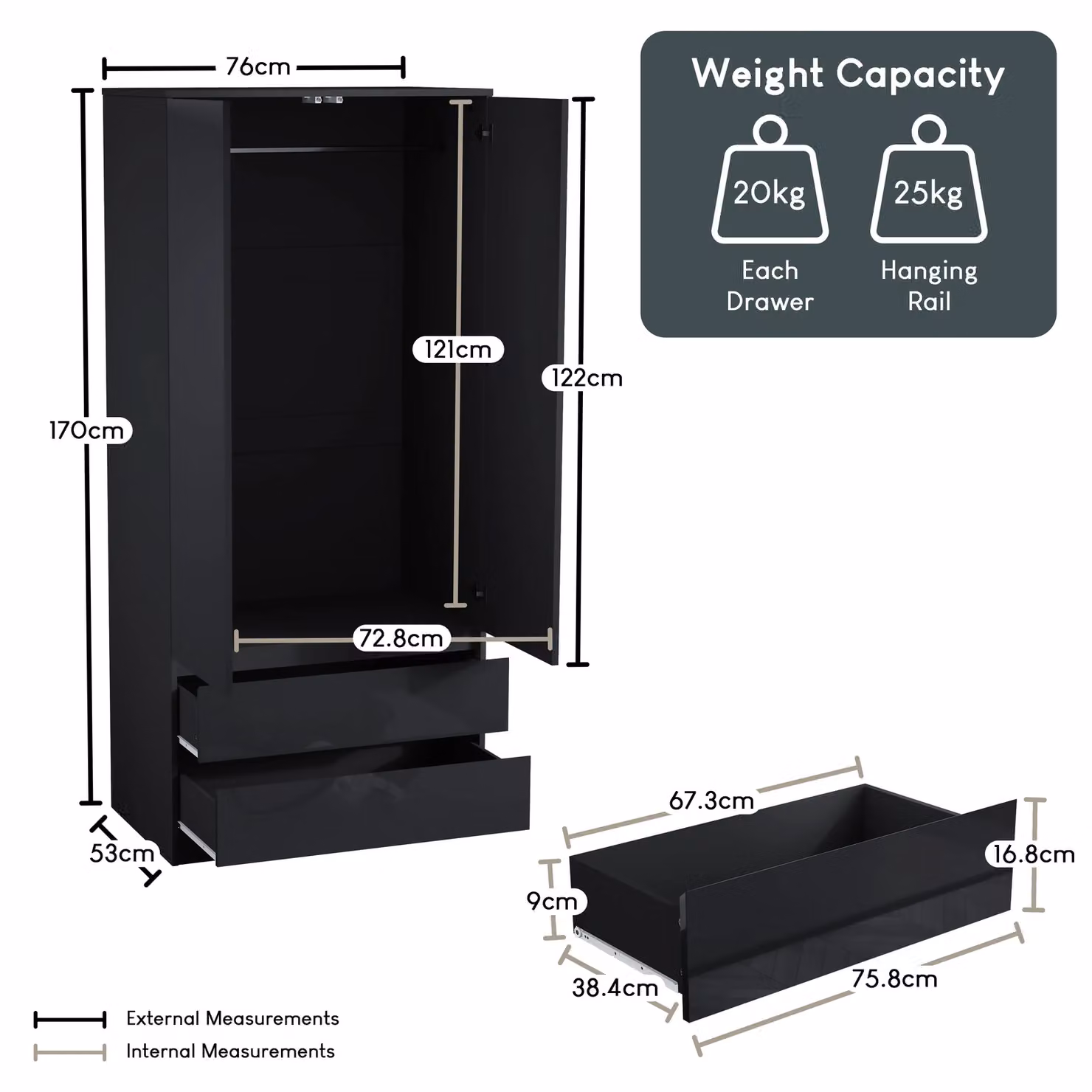 Vida Designs Glinton High Gloss 2 Door 2 Drawer Wardrobe in Black – 2