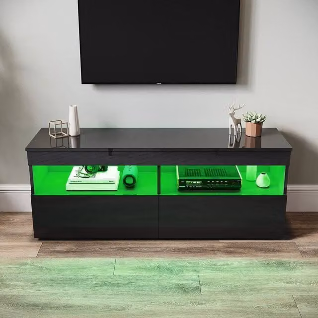 ERGOVEXA Modern Black Glossy LED TV Stand Unit with Storage, W/D/H: 120 x 40 x 45 cm