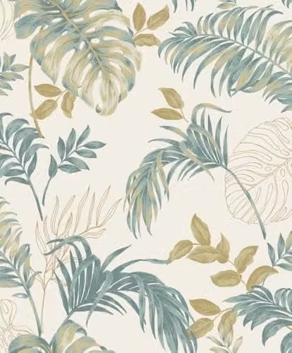 Grandeco Allison Palm Leaf Foliage Blown Vinyl Wallpaper in Green and Gold