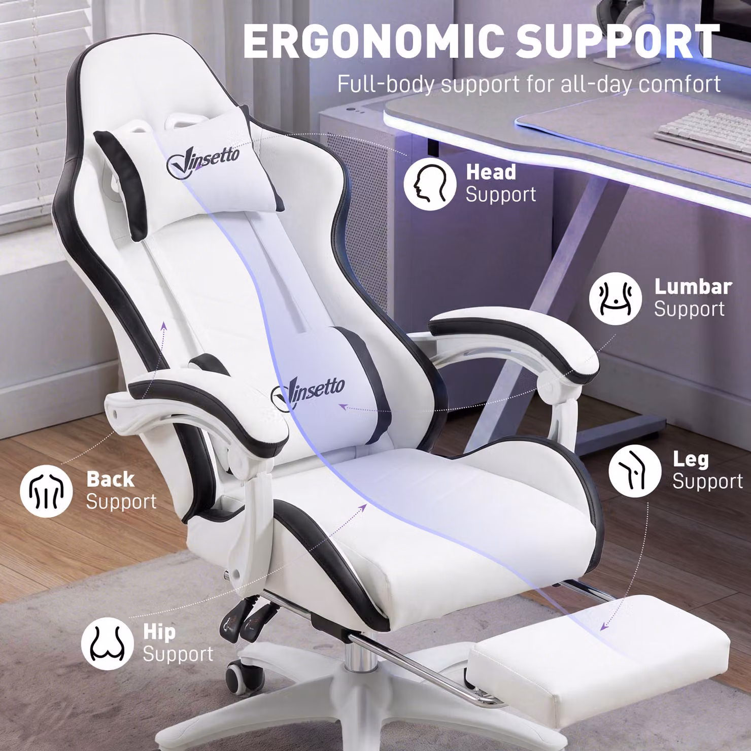 Vinsetto Racing Style Gaming Chair in White and Black with Reclining Function, Footrest, and Removable Headrest – 5