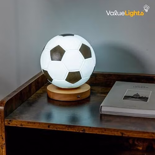 ValueLights Football Night Light, Warm White Dimmable LED Rechargeable Table Lamp in White and Wood Finish – 4