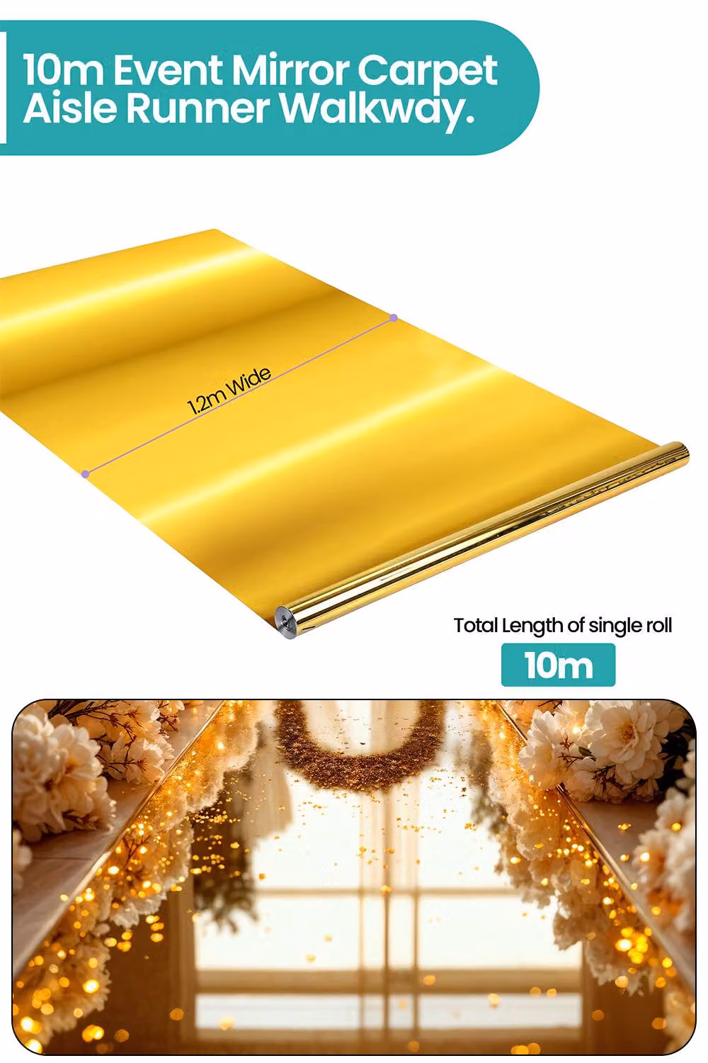Neel Blue Event Mirror Carpet Aisle Runner Walkway in Gold, W: 120 cm, L: 10 m – 2