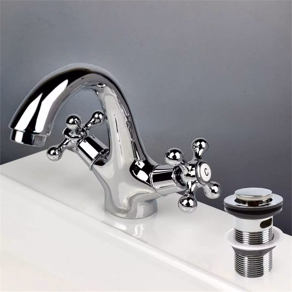 Nordara Chrome Classic Dual Handle Bathroom Basin with Slotted Waste in Silver, W: 52 cm, D: 52 cm, H: 1000 cm