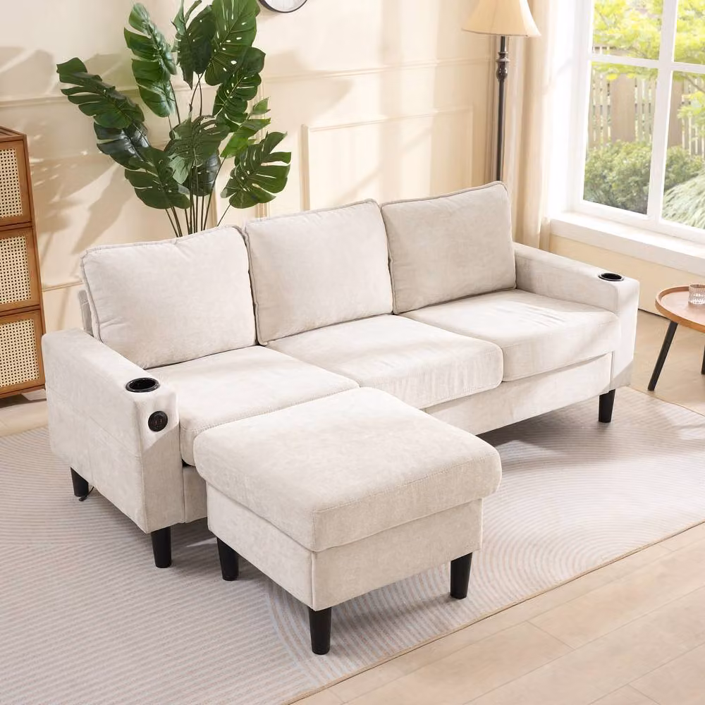 BTM L-Shaped Sectional Sofa in Beige with USB Charging Ports and Cup Holders, W/D/H: 202 x 137 x 80 cm – 2