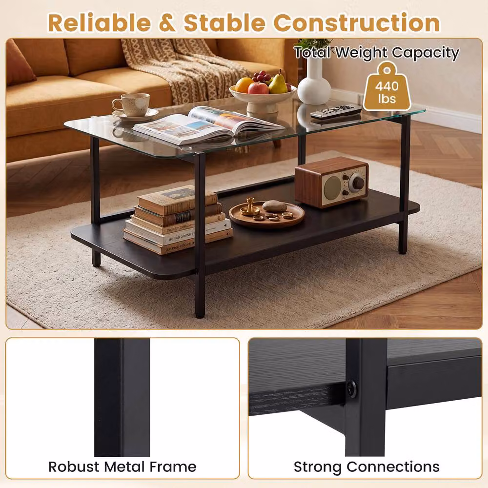 Costway Modern 2-Tier Rectangular Coffee Table with Black Tempered Glass and Metal Frame – 5
