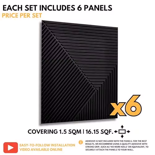 Novecrafto 3D Chevron Line Design Wall Panels, Matte Black Interior Cladding, 6 Sheets, W/D/H: 50 x 50 x 50 cm – 7