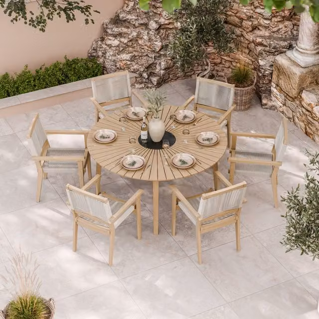 Royalcraft Roma 7 Piece Round Sunray Dining Set with Acacia Wood and Black Granite Insert and 6 Roma Rope Stacking Chairs, Diameter: 150 cm