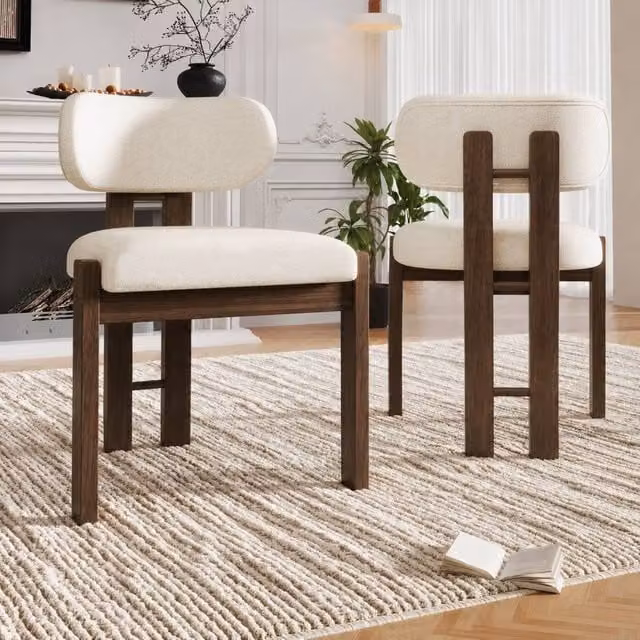 Rolipo Set of 2 Modern Solid Wood Dining Chairs in Walnut with Beige Boucle Fabric – 1