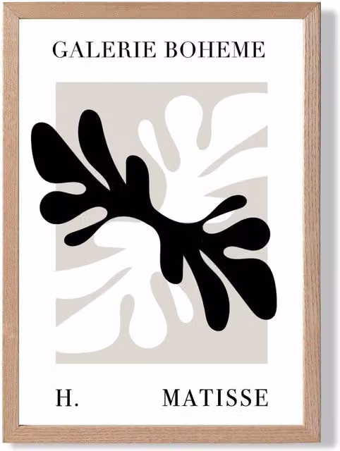 ARTZE Matisse Floral Cutout Beige and Black Bohemian Framed Print with Oak Wood Frame, A2