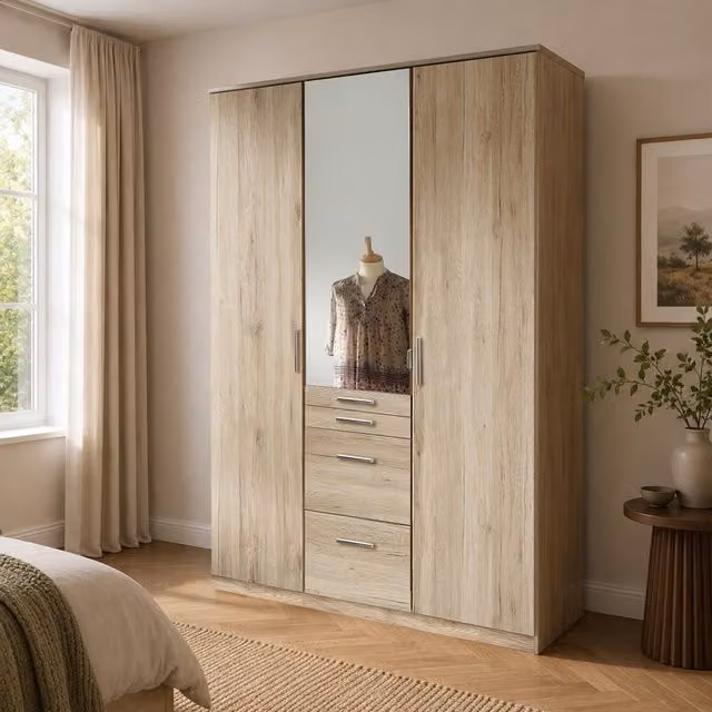 Aachen Sam Remo Oak 3 Door Wardrobe with Mirror, Brown