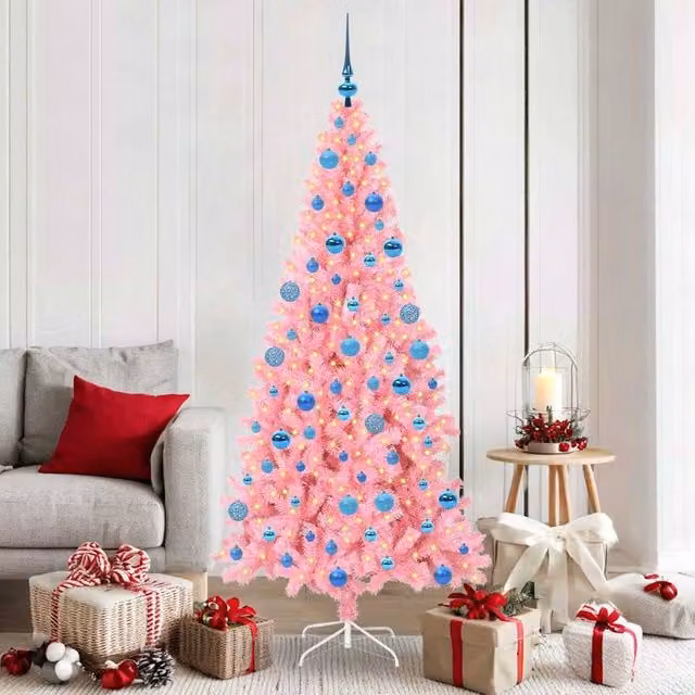 Berkfield Home Pink PVC Christmas Tree with 300 LEDs and Stand, Height: 180 cm – 1