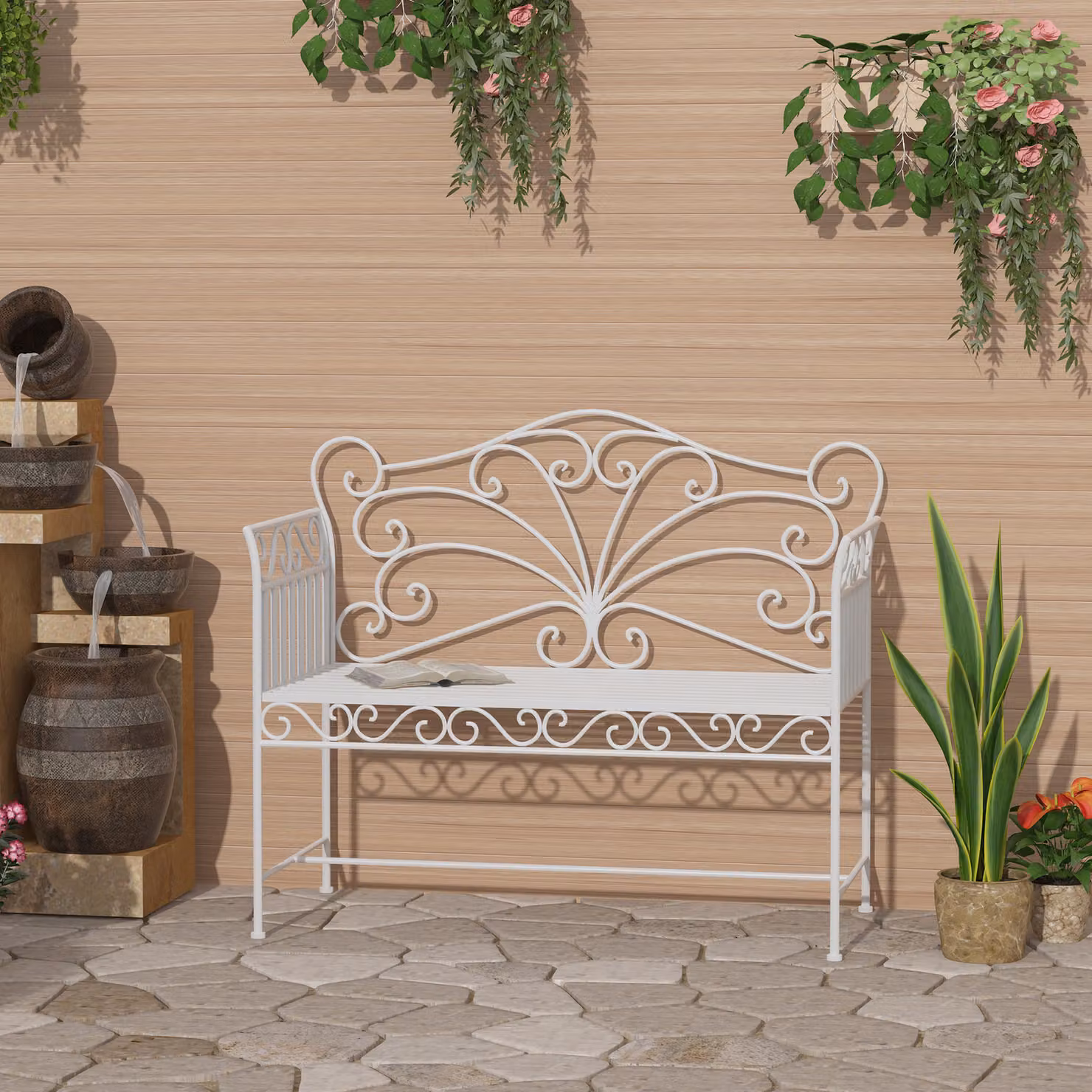 Outsunny 2 Seater Metal Garden Bench with Decorative Floral Backrest in White – 2
