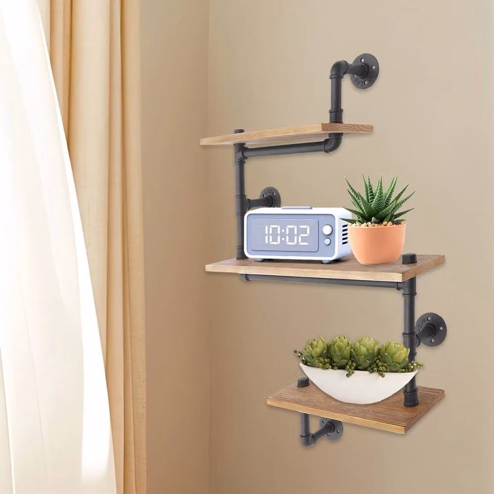 Ventryn 3 Tier Industrial Floating Wall Storage Shelf in Brown Metal and Wood – 2