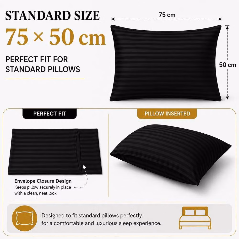 Homes-Linen Set of 2 Black Microfibre Striped Pillowcases, W/H: 50 x 70 cm – 2