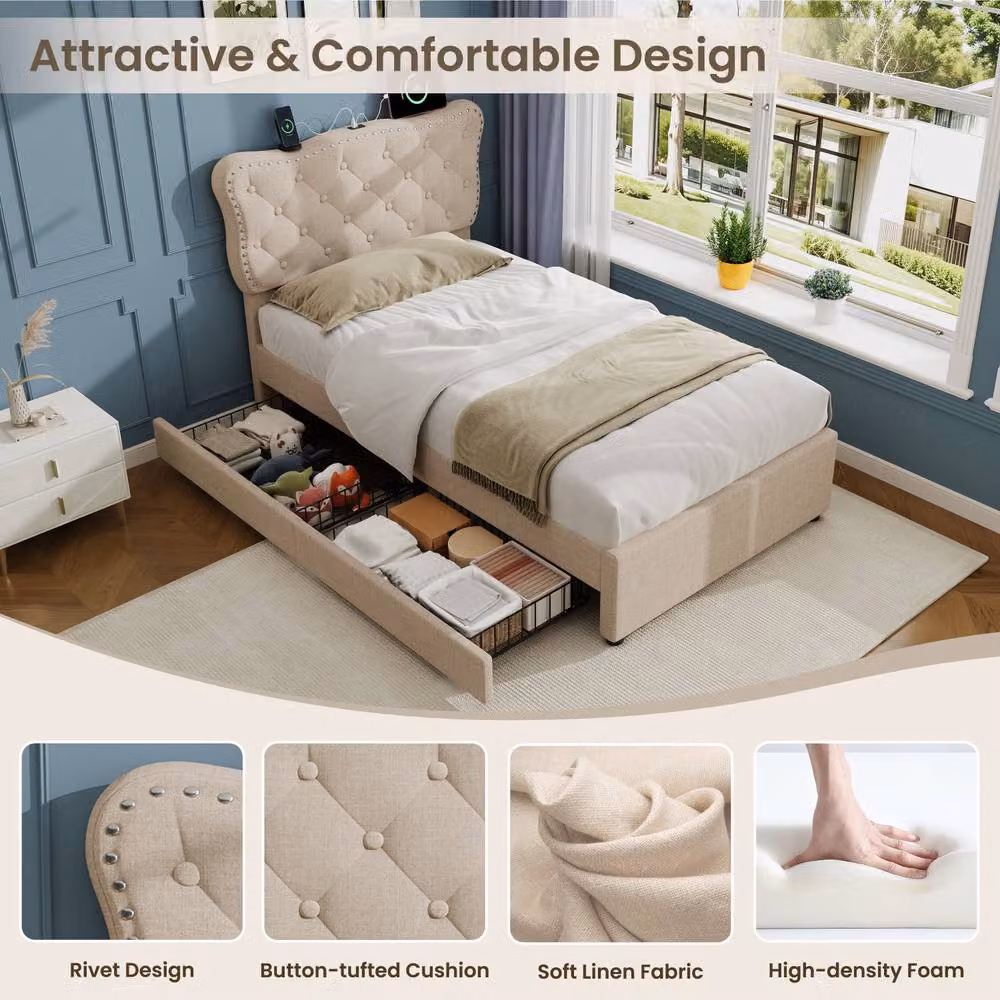 Merax 3ft Single Tufted Upholstered Bed with USB Charging Station and 2 Drawers, Beige, W/D/H: 90 x 190 cm – 4