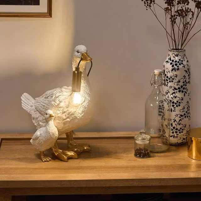 Wyld and Coco White Duck Polyresin LED Table Lamp for Bedroom and Living Room, H 40 cm x W 33 cm x D 21 cm