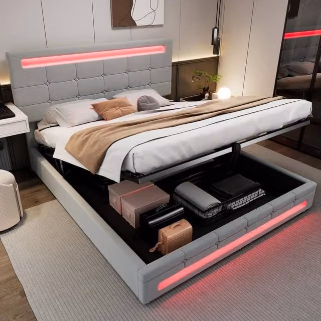 BTM Grey Velvet LED Bed with Hydraulic Storage and Under-Bed Lighting