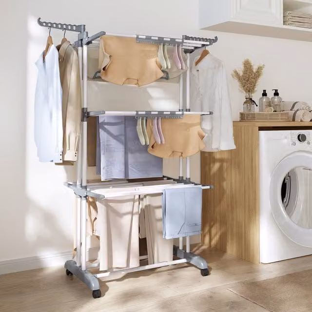 SONGMICS Foldable Stainless Steel Laundry Airer with Wheels, White