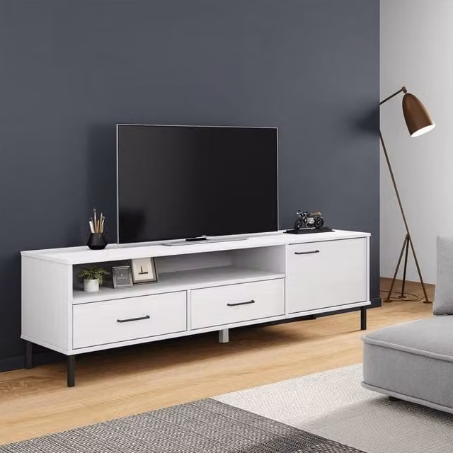 Berkfield Home Oslo White Solid Wood Pine TV Cabinet with Metal Legs – 1