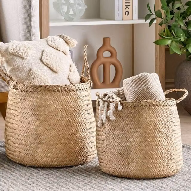 Wyld and Coco Set of 2 Handwoven Natural Seagrass Baskets in Beige and Sand with Handles