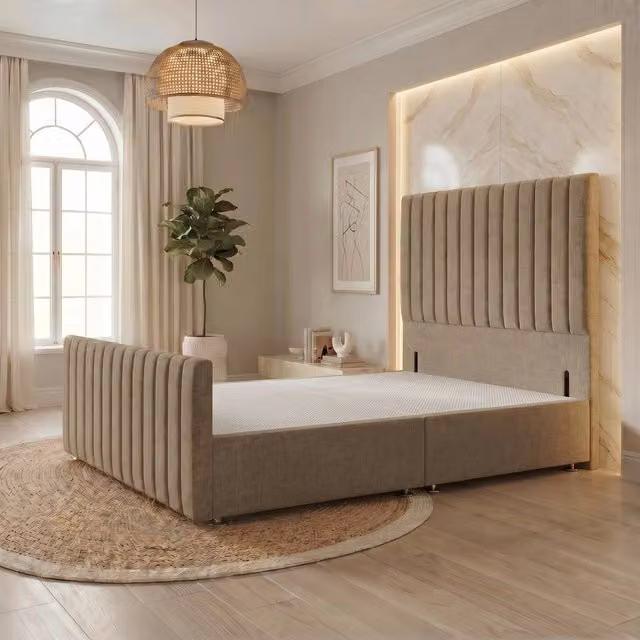 Somnior Eleanor Linen Divan Base with Headboard and Footboard, Brown, W/D/H: 120 x 200 x 55.88 cm