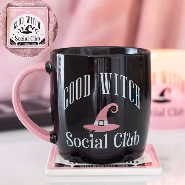 Uniqueful Good Witch Social Club Ceramic Mug and Coaster Set in Black and Pink, 300ml
