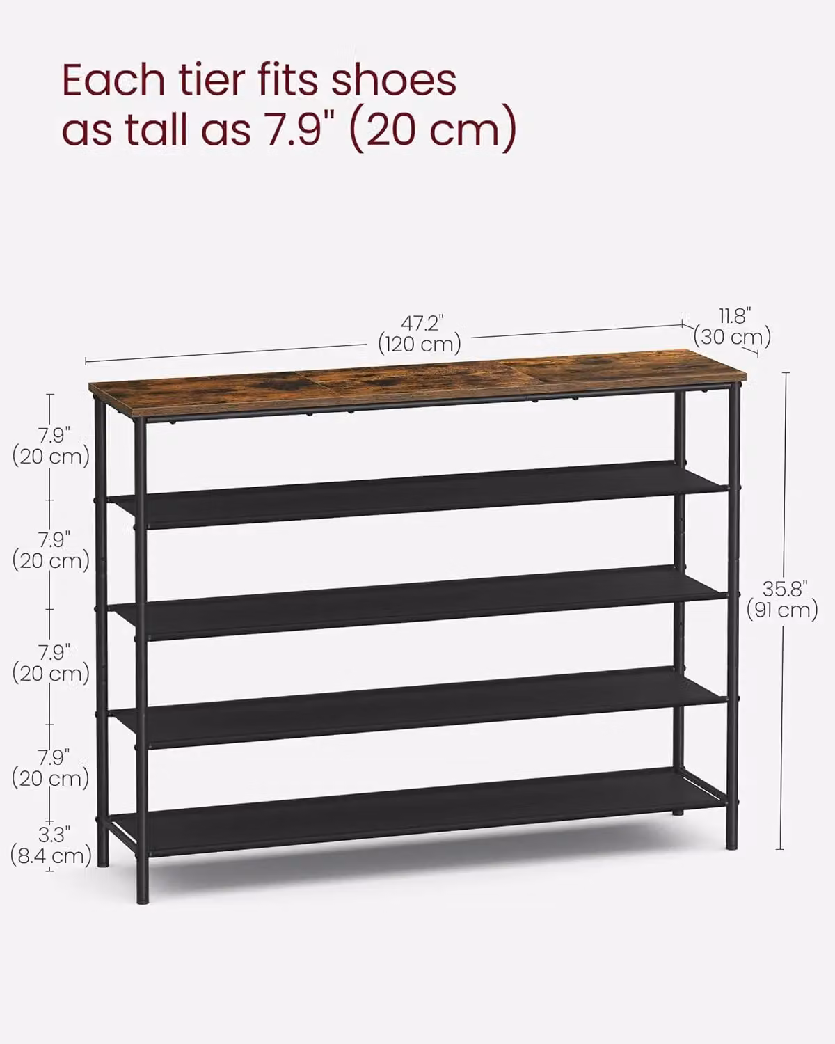 VASAGLE Narrow Industrial Shoe Storage Unit with Fabric Shelves and Steel Frame, Brown – 3