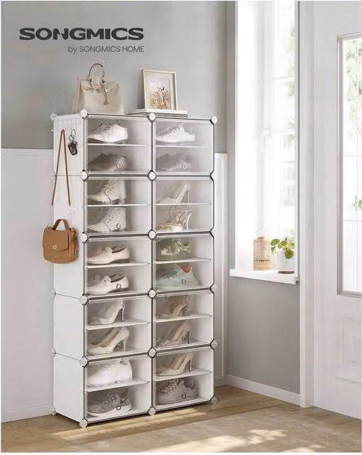 SONGMICS Modern Modular Shoe Storage Cabinet with Glass Doors and Ventilation, White