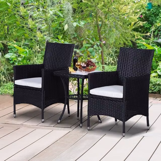 OUTSUNNY 3-Piece Rattan Bistro Set with Table and Chairs in Black