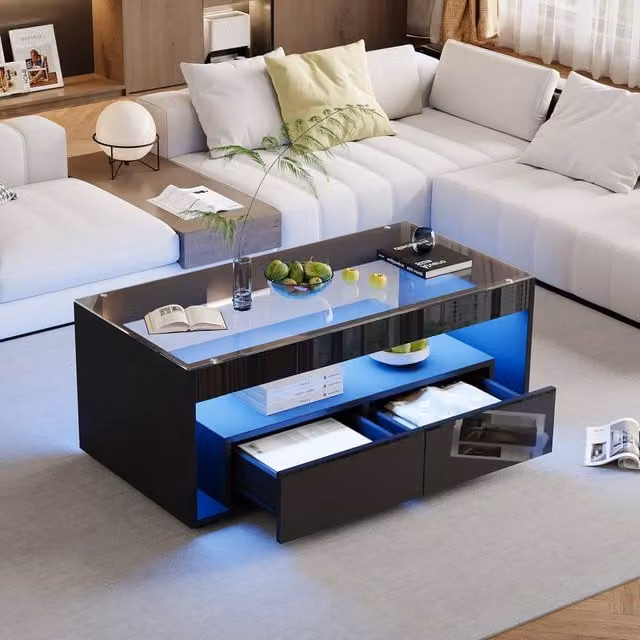 Merax High Gloss LED Coffee Table with Tempered Glass Top and 2 Drawers in Black, W/D/H: 100 x 60 x 40 cm – 1