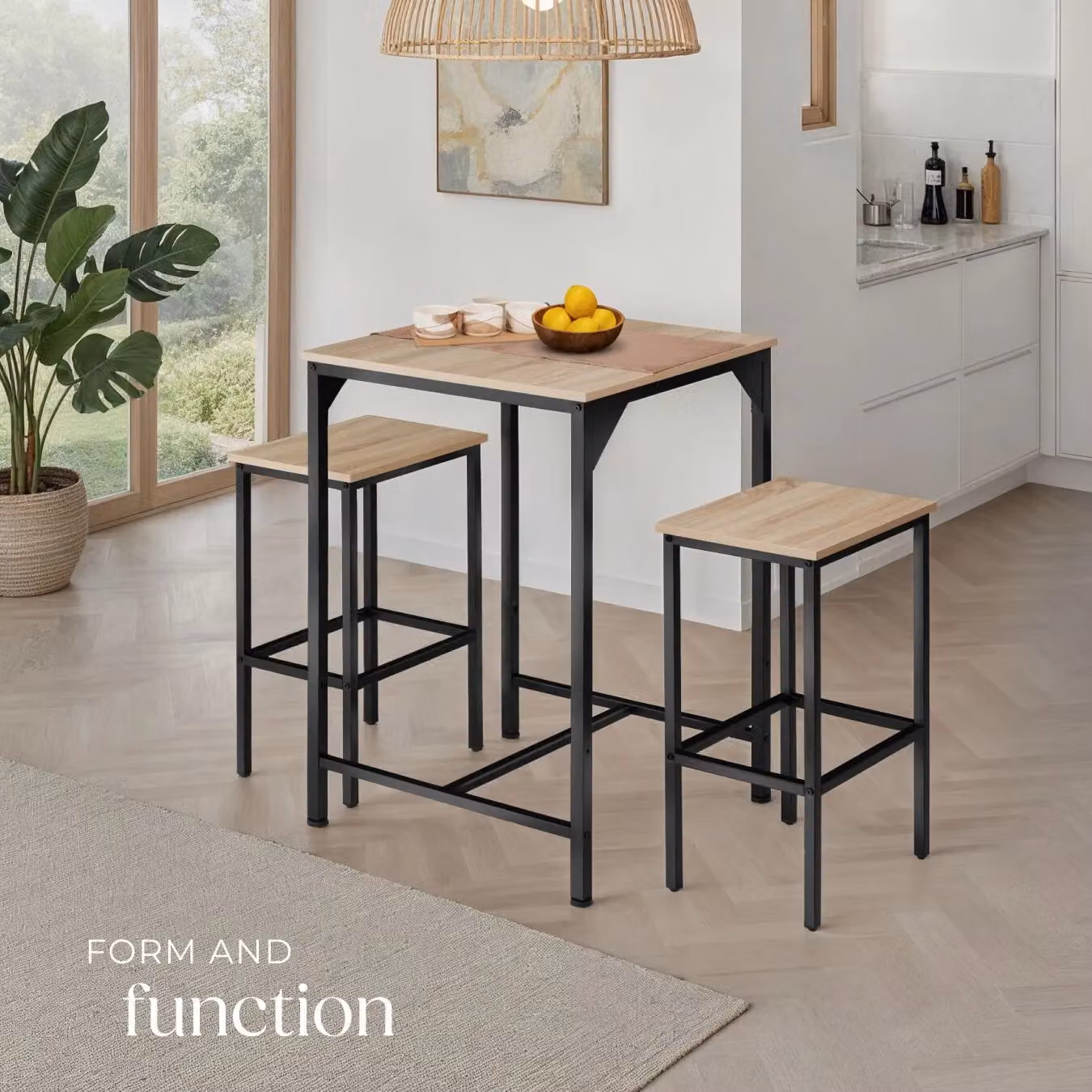 tectake Inverness Dining Table and 2 Bar Stools Set in Light Oak and Brown – 6