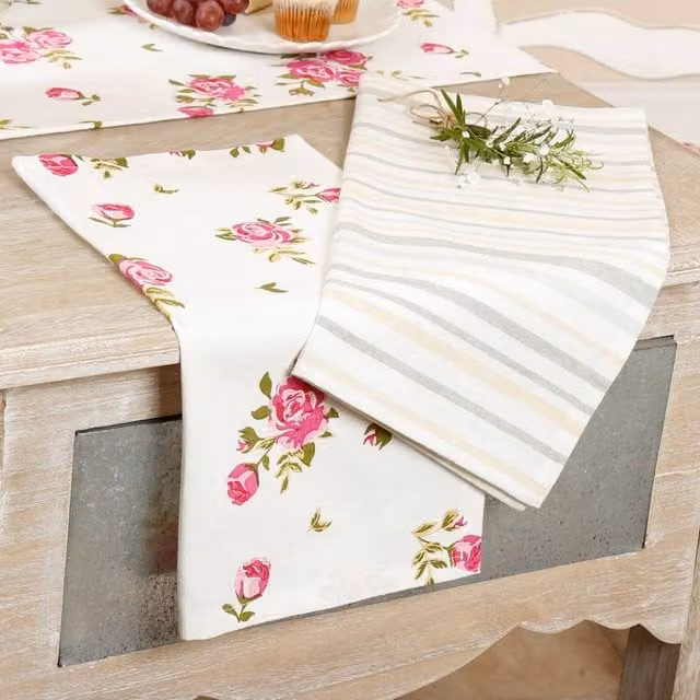Dibor Set of 4 Pink Floral and Striped Traditional Cotton Kitchen Linen Napkins in Brown – 1