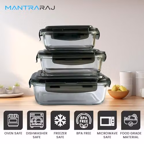 MantraRaj Airtight Glass Food Storage Container with Leakproof Silicone Seal Lid, 620ml, Transparent – 8