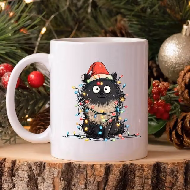 60 Second Makeover Pomeranian Christmas Lights Ceramic Mug in White